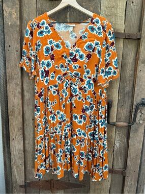 Ava & Viv Boho Summer Dress Women’s Size X Orange Floral Flutter Sleeve VNeck
